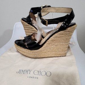 Porto black patent platform espadrille wedges jimmy choo